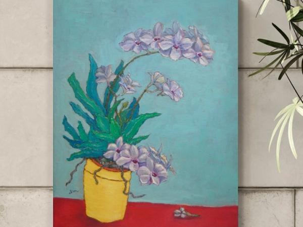 Orchid Flowers in Yellow Pot Original Oil Painting - Beautiful Floral Artwork in Soft Purple Hues - Contemporary Impressionist Style