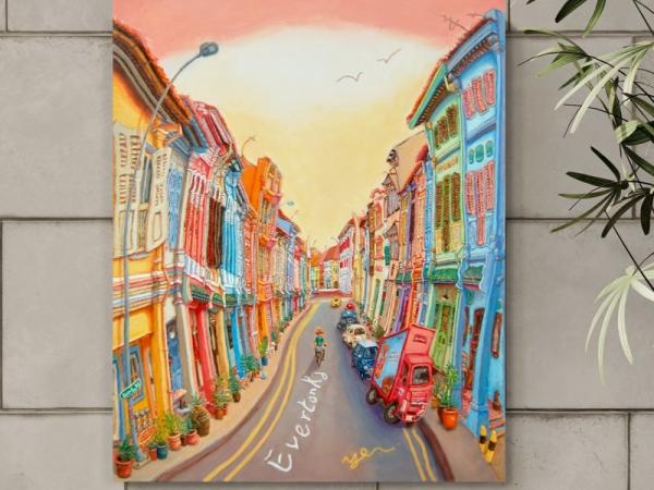 Original Singapore Shophouse Oil Painting, Everton Road Peranakan Art, Hand Painted Heritage Street Scene Canvas, Vibrant Asian Wall Art
