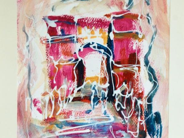 Whimsical Pink Abstract Fine Art Painting of Singapore Fort Canning Gate, Architectural Art, Pink, Original Acrylic Art, Plein Air, Icon
