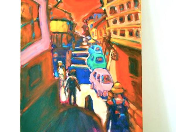 Solitaire -Red Spanish Town El Camino Original Canvas Painting Art in vibrant colorful van gogh style of hikers at whimsical moonlight town