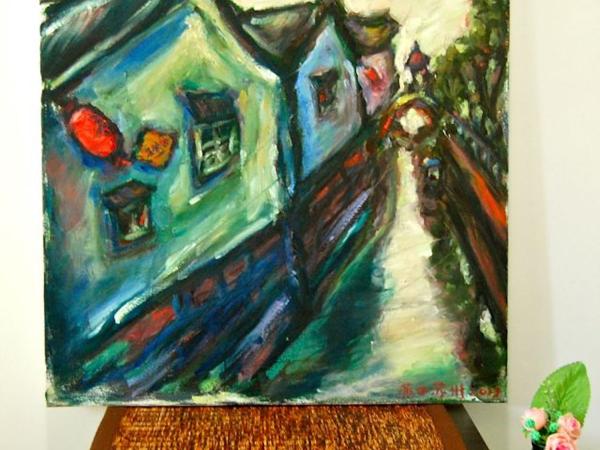 Suzhou Houses -China Painting, River Landscape, Folk Art, Original Oil Painting, Expressionist, Chinese Architecture, Red Lantern, Asian Art