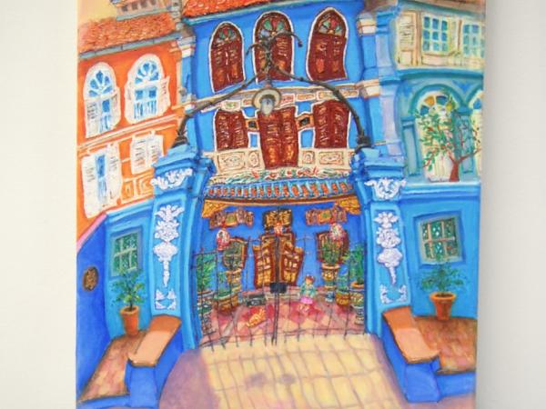 Singapore Blue Baba House Oil Painting - Traditional Chinese Peranakan Shophouses - Vibrant City Heritage - Original Artwork Decor