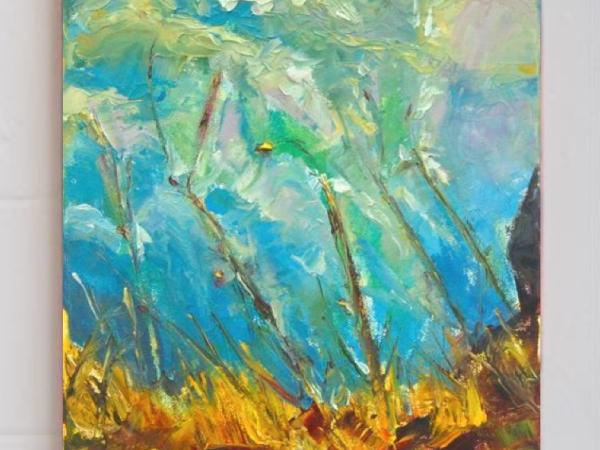 Unbending - Impressionist Abstract Oil Painting of Icelandic autumn nature scenery, original impasto fine art with water and clouds in wind