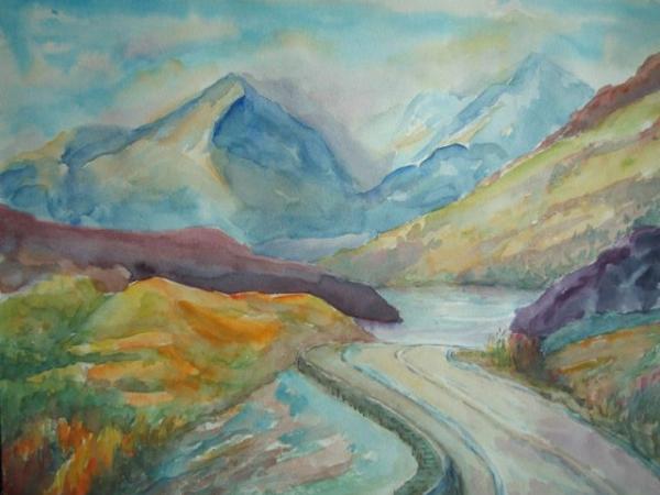 Klondike Highway original watercolor autumn landscape painting art of White Pass Trail from United States Alaska to Canada Yukon Territory