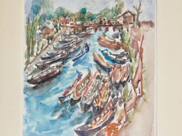 Myanmar landscape watercolour painting of Indeon river colorful boats, original plein air artwork