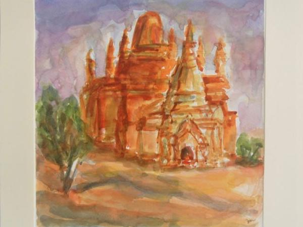 Myanmar Bagan orange temple impressionist original watercolour art, plein air artwork