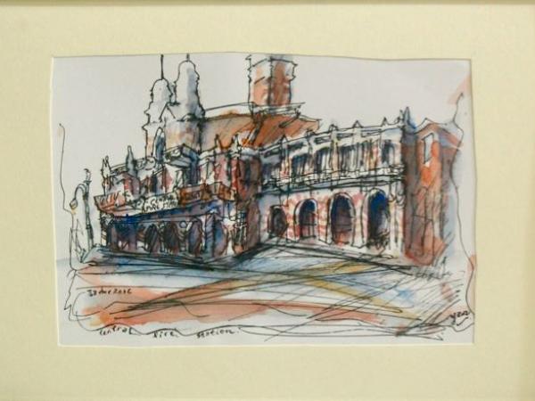 Original Singapore Painting of Central Fire Station, ink & watercolour plein air urban sketcher art of heritage architectural city building