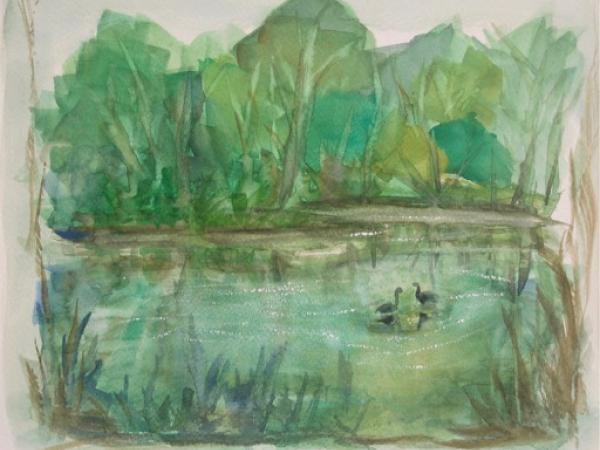 Singapore Botanical Gardens art print - watercolor painting landscape fine art, green trees, swan lake, plein air, impressionist, whimsical