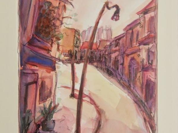 Singapore Street Shophouses Painting, Original Watercolour Fine Art, with peranakan shophouses and lamppost in warm tones, plein air artwork