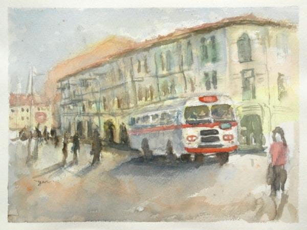 Old Singapore vintage bus original watercolour painting art with dreamy nostalgic street landscape of shophouses in warm impressionist hues