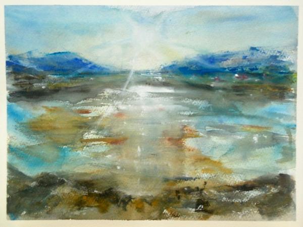 Cold Light - Icelandic sun lake mountains landscape watercolor painting art with water reflections in abstract impressionist blue 