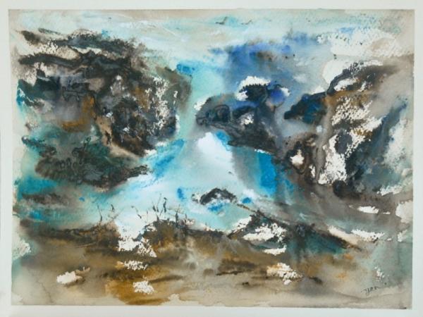 The Flying Mountain -abstract landscape original watercolor painting art Icelandic waterfall Barnafoss in atmospheric chinese painting style