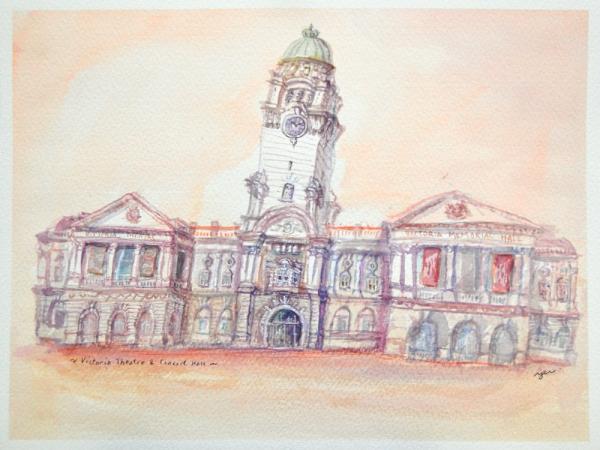 Singapore watercolor painting - Victoria Theatre Concert Hall - original artwork - Singapore icon - whimsical building - impressionism art