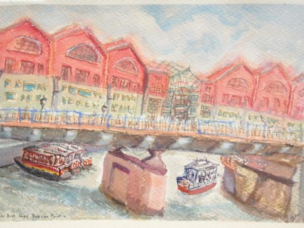 Singapore landscape watercolor painting - Boat Quay Riverside Point - original artwork - boats bridge scenery - whimsical impressionist art