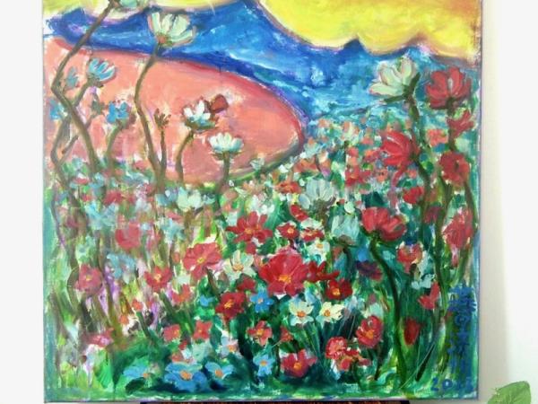 Wild Flowers -Bright Impressionist Korean Landscape Painting Fine Art of whimsical floral mountain lake in colorful Jeju Island nature hike