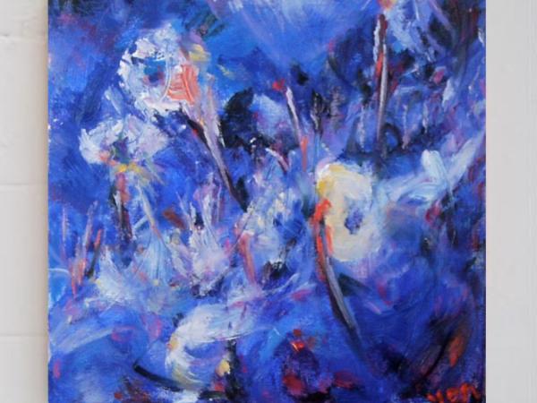 Winter Blooms -Blue Abstract Painting, Icelandic Nature, Snow Landscape, Original Art, Beautiful Oil Artwork, Impressionist Flowers, Seasons