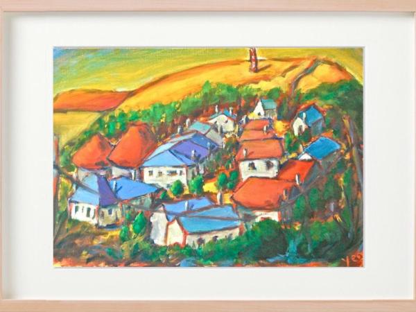 4 El Camino Art Prints - O Cebreiro Spain Village Landscape Paintings with whimsical houses in Galicia on Way of St James for hiker pilgrims