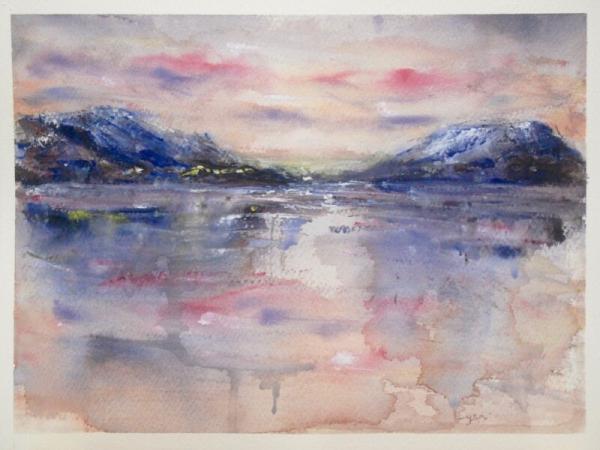 Dreamcatcher - Icelandic sunset abstract landscape watercolor painting art of Iceland Akureyri with snow mountains coastal water reflections