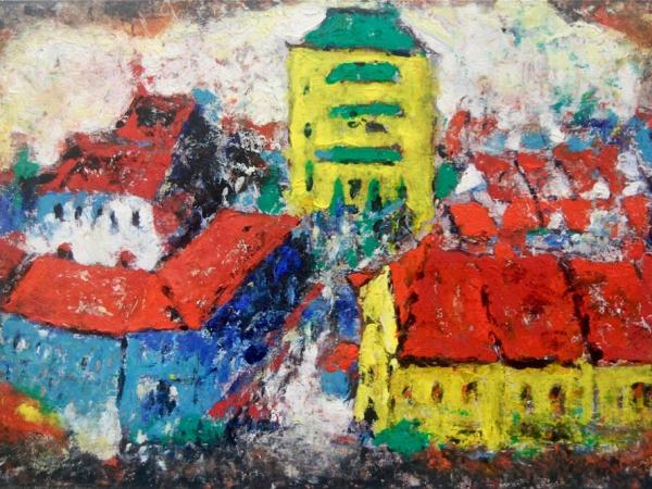 Singapore Shophouses Landscape Oil Painting Art with Bright Orange Rooftops - Impressionist Mood - Vibrant Home Decor - Unique Artwork