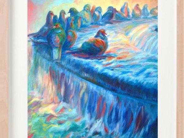 Impressionist Paintings Wall Art Prints 8x10" - Pigeon Symphony, whimsical birds on blue water fountain, european Poland holidays decor travel art