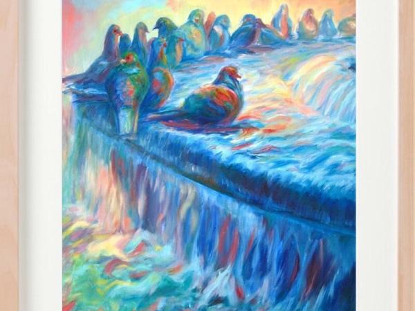 8 Impressionist Paintings Wall Art Prints -Pigeon Symphony, whimsical birds on blue water fountain, european Poland holidays decor travel art