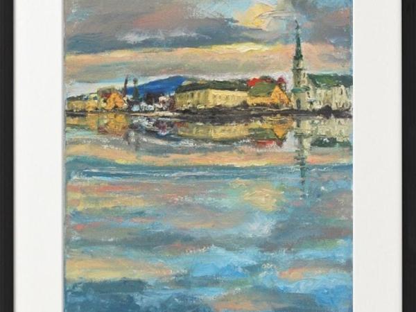 Icelandic Painting Art Prints A4 - Serene Reykjavik Iceland city pic w water reflections, clouds sunset and houses in impressionist pastel blue