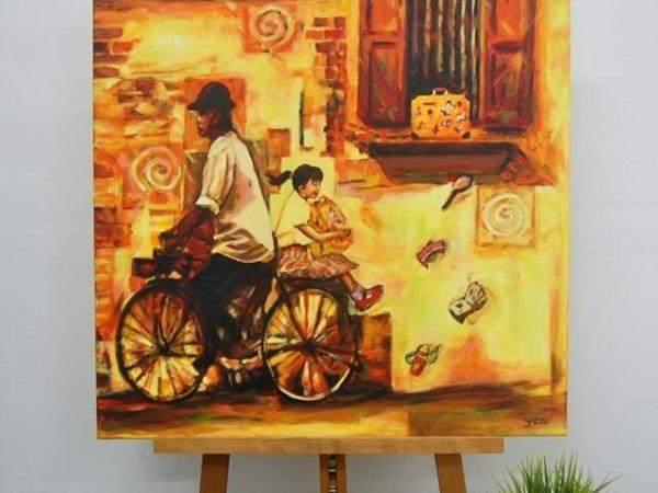 My Schoolbag -little girl on bicycle to school original art nostalgic painting of childhood memory, whimsical chinese heritage street window