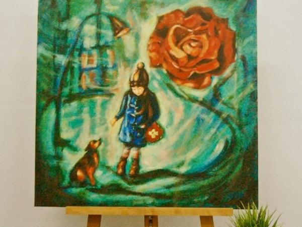 RESERVED_Girl and Dog - Impressionist Original Painting - Whimsical City Scene - Vintage Rose Symbol - Little Girl - Dreamlike Art - Artistic Delight