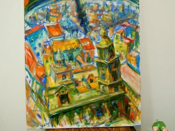 Bell City - Spain Cadiz Oil Painting, bright original impressionist semi-abstract art of surreal  Spanish architectural landscape scenery