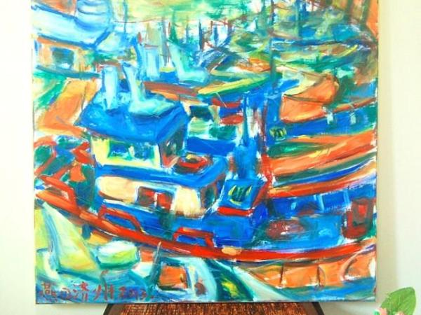 Jeju Boats - Abstract Impressionist Original Oil Painting Fine Art of korean fishing boats, blue sea art in colorful vibrant whimsical style