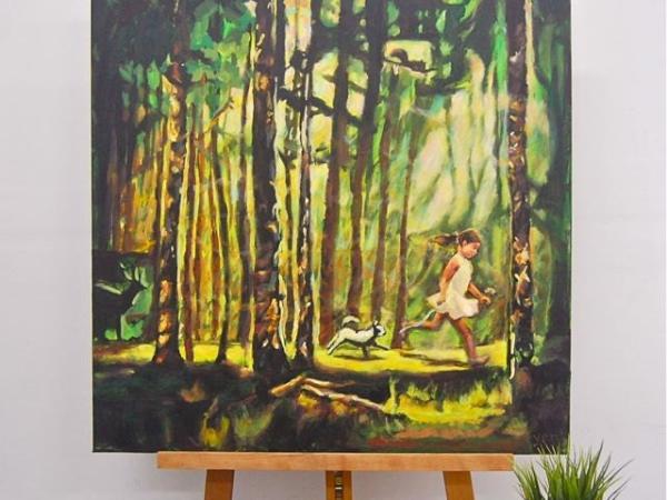 Magic Forest Trees Landscape Original Art Canvas Painting with running little Girl and Dog on a sunlight path of whimsical woods and animals