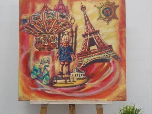 A Boat To Paris - Whimsical Eiffel Tower Painting Art with a child in colorful surreal swirl of vintage toys, carousel in impressionist pink