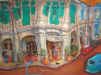 4. Close-up of dancing Peranakan green windows and colorful street corner with vintage cars in Blair Road Corner shophouse painting
