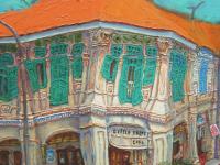 Close-up of whimsical shophouse cafe in heritage Blair Rd painting