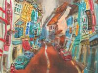 Close-up of rambling street shophouses in Chinatown Corner painting