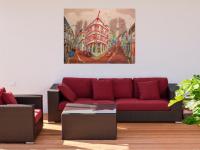 Original painting of Keong Saik Road red and white iconic Dong Ya building hung in a living room with red sofa