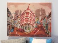 Original Singapore heritage painting Chinatown Corner on a sofa for size reference