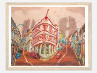 Singapore Signed Art Poster of Chinatown Keong Saik Road Shophouse Painting by Local Artist, Unique Asia Travel Print Gift of Red Iconic Building