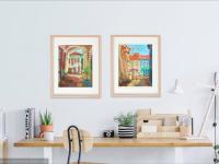 Singapore Signed Art Poster of Whimsical Painting of Pink Green Peranakan Houses at Koon Seng Road in Katong-Joo Chiat, Asia Travel Print Gift