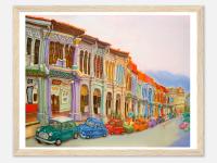 Colorful Art Print of Singapore Emerald Hill Shophouse Painting displayed in wooden frame