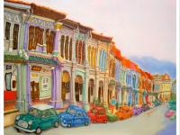 Vibrant Emerald Hill Shophouses original painting by Singapore artist HweeYen Ong