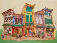 Vibrant oil painting of Spottiswoode Park conservation shophouses by Singapore artist HweeYen Ong