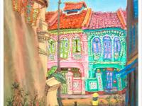 Singapore Signed Art Poster of Whimsical Painting of Pink Green Peranakan Houses at Koon Seng Road in Katong-Joo Chiat, Asia Travel Print Gift