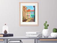 Singapore Signed Art Poster of Whimsical Painting of Pink Green Peranakan Houses at Koon Seng Road in Katong-Joo Chiat, Asia Travel Print Gift
