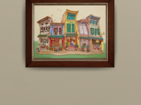 Heritage painting of Spottiswoode Park Shophouse displayed with framing on a gallery wall.