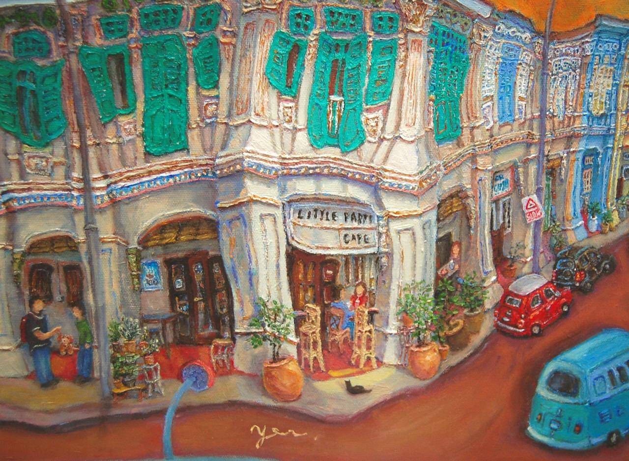 4. Close-up of dancing Peranakan green windows and colorful street corner with vintage cars in Blair Road Corner shophouse painting
