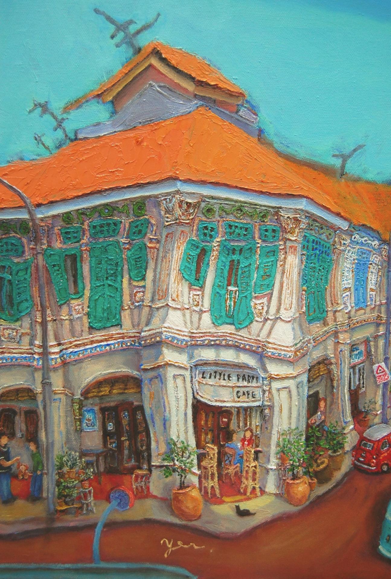 Close-up of whimsical shophouse cafe in heritage Blair Rd painting