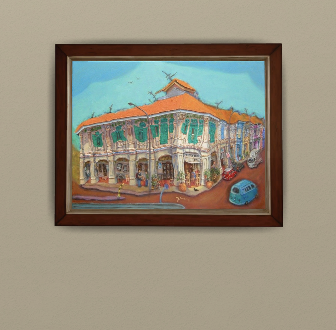 Heritage painting of Blair Road shophouses shown framed on a gallery wall.