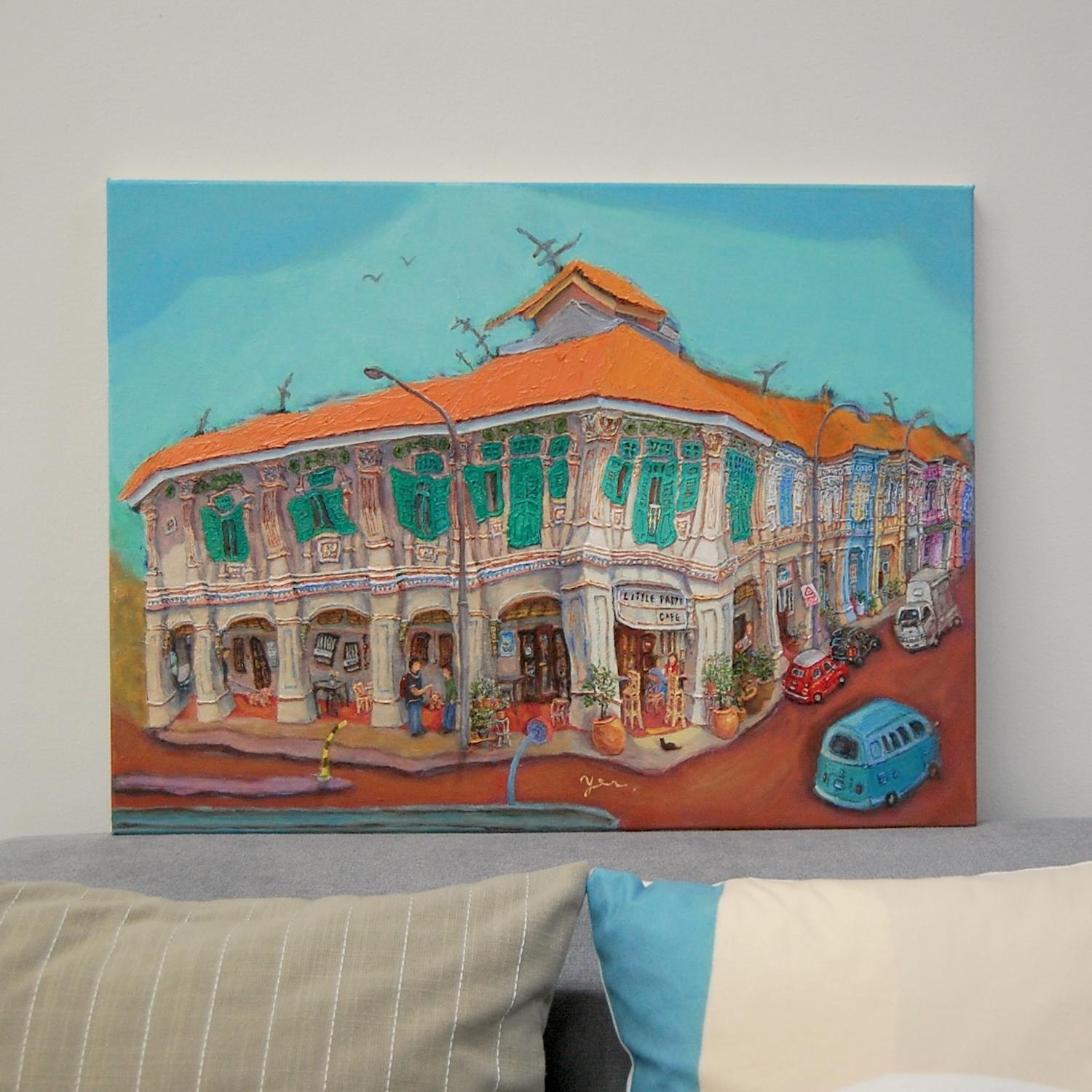 Original Singapore heritage painting Blair Road Corner shown on a sofa for size reference