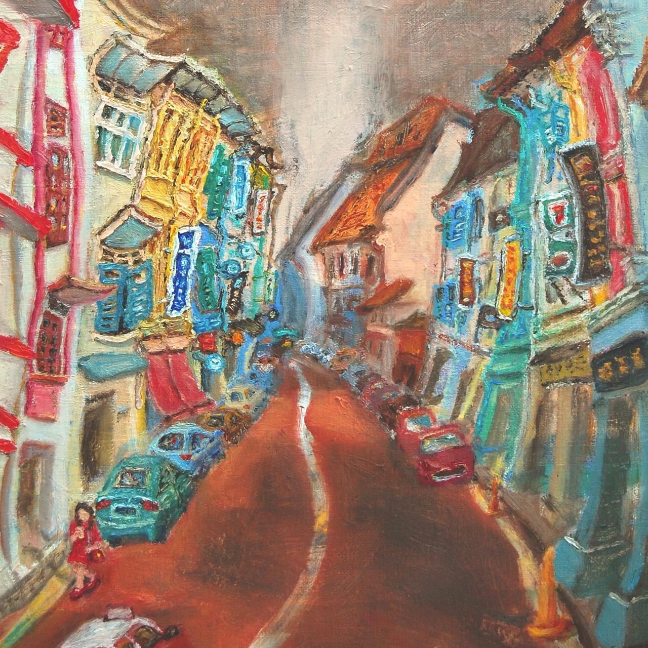 Close-up of rambling street shophouses in Chinatown Corner painting